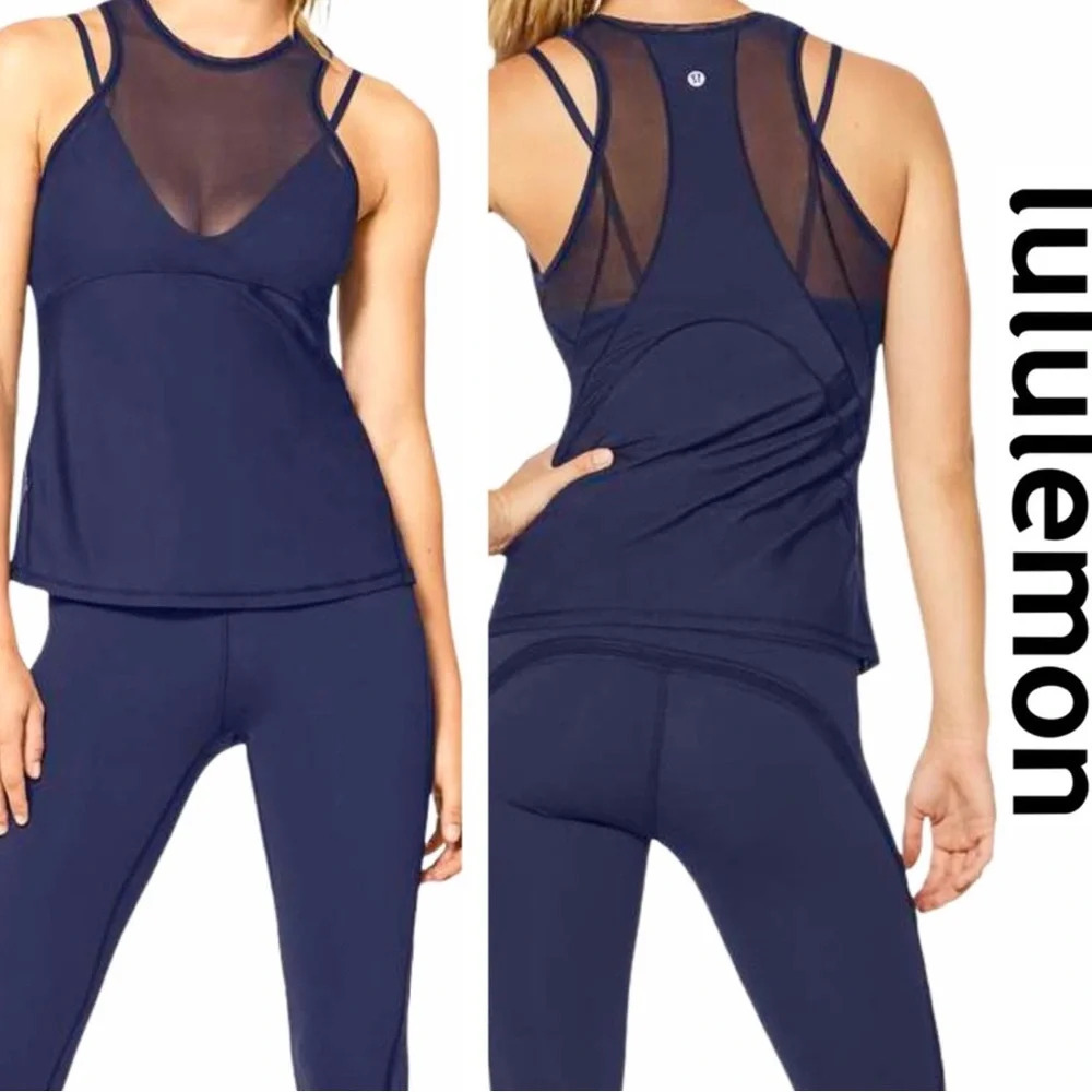 Lululemon Womens Fresh In Mesh Racerback Tank Top With Bra‎ Size 4- Navy Blue - Picture 2 of 5